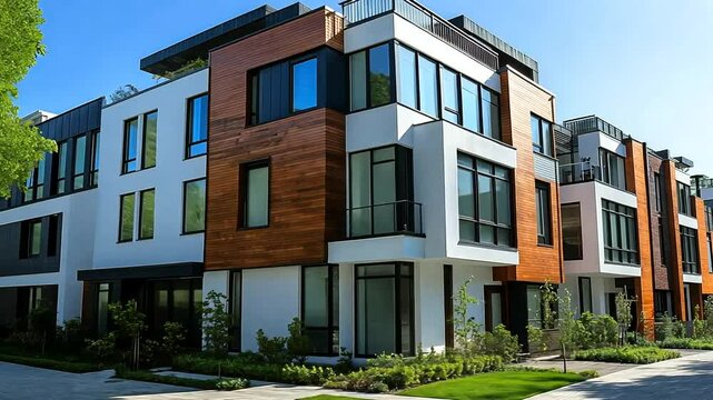 Modern townhouses, sunny day, city, landscaping, real estate