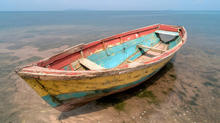 Fototapeta premium Colorful old boat aground on shallow beach, calm sea background