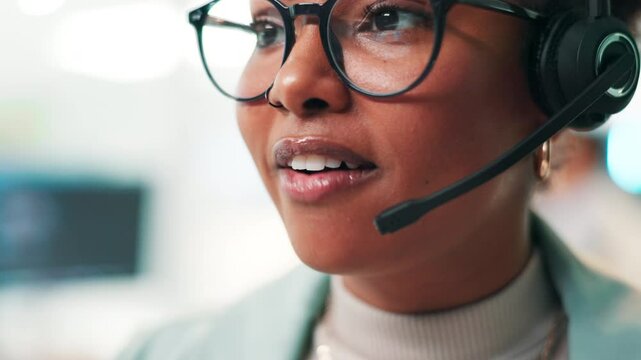 Call center, closeup or face of woman in IT support for communication, software or customer service. Mic, advice or virtual assistant on computer for technical solution, system update and consulting