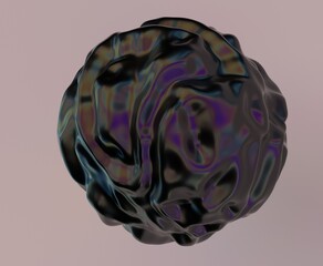 Abstract 3D illustration of futuristic glitchy black sphere with ripples and distortions. An image on the theme of biotechnology and molecular physics.