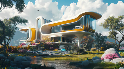 A visually striking 3d render showcasing an inverted structure integrated harmoniously into a futuristic and vibrant backdrop. Inverted Reality. Illustration