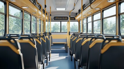 Fototapeta premium Spacious school bus interior showcasing ergonomic design, curved seatbacks, and natural light pouring through large side windows, photorealistic 3D render, soothing tones