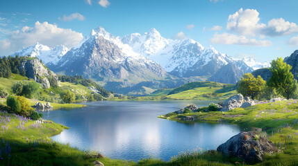 Fototapeta premium Serene mountain lake, spring landscape, idyllic scenery, nature background, perfect for travel brochures