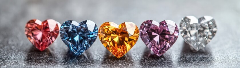 Fototapeta premium A colorful array of heart-shaped gemstones reflecting light, symbolizing love, passion, and beauty in various hues.