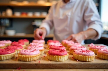 A skilled baker carefully decorates freshly baked pastries with smooth pink icing and colorful sprinkles in a cozy kitchen setting filled with baking supplies and warm light.
