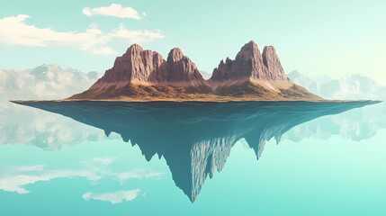 Naklejka premium Dreamlike surreal landscapes: floating islands and upside-down mountains in a human-free world. Inverted Reality. Illustration