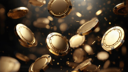 Falling golden coins create an illusion of wealth and prosperity in a dramatic setting