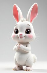 Obraz premium A small, adorable white rabbit with large eyes and pink ears stands upright, exuding a cheerful demeanor. The character features a fluffy tail and a playful stance, appealing to all ages.