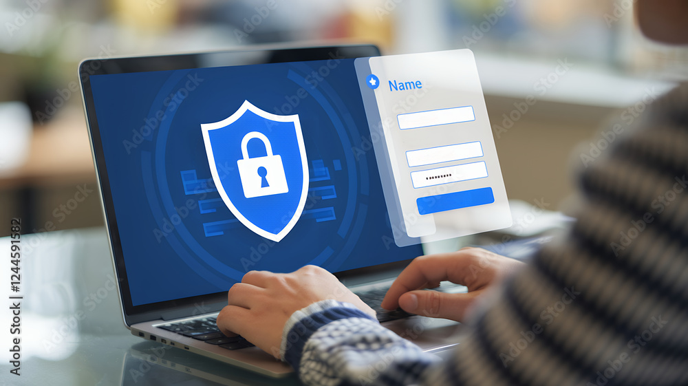 Poster cybersecurity: protecting your digital identity. a man logs in securely, emphasizing data protection