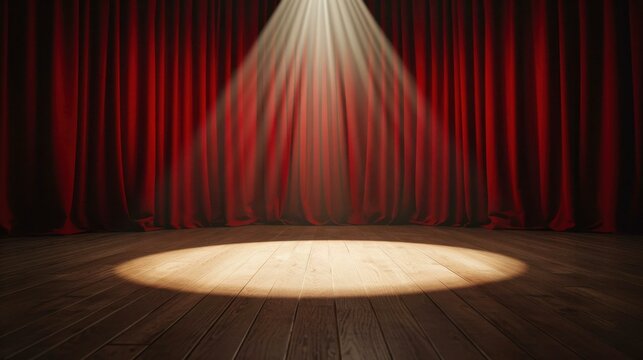 An empty stage awaits its story, the red curtains poised to reveal the magic that lies ahead in the spotlight.