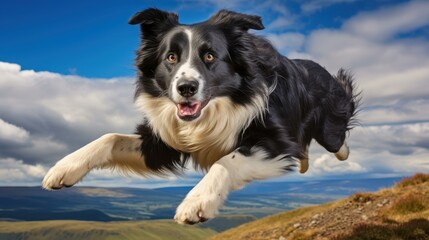 Fototapeta premium Playful puppy caught midjump on a crisp white background, showcasing its agility and charm in a vibrant display.