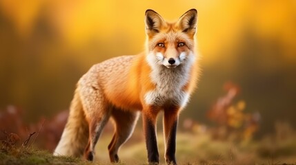 Fototapeta premium A red fox gracefully roams through a softfocus natural landscape, showcasing its vibrant fur against the greenery.