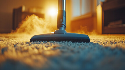 Closeup of the electrical vacuum cleaner cleaning the carpet on the house or home living room interior floor. domestic household, hoovering, sweep over the dirt, housekeeping work.