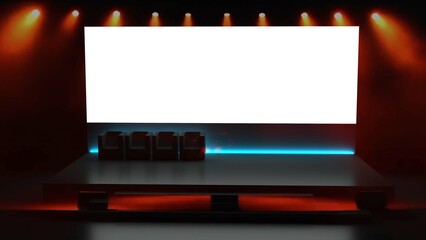 Conference Stage Designs. Meeting event scene, party scene design. Empty stage design for mockup and corporate identity, display. Platform elements in hall. 
