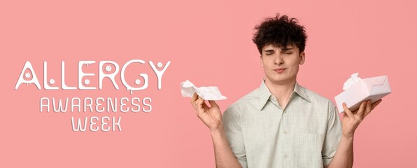 Banner for Allergy Awareness Week with young man holding tissues