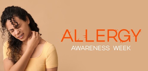 Banner for Allergy Awareness Week with African-American woman scratching herself