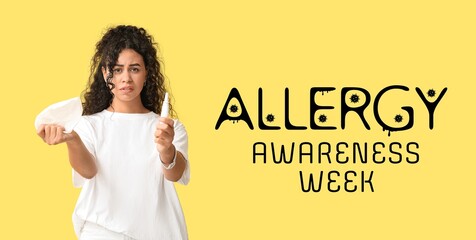 Banner for Allergy Awareness Week with young African-American woman holding nasal spray and tissue