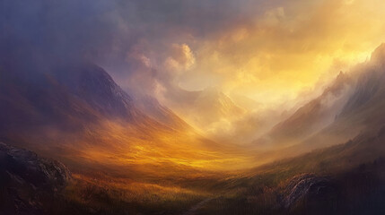 A mesmerizing atmospheric landscape with radiant clouds bathed in the warm glow of twilight, hues of amber and indigo blending seamlessly, gentle soft lighting