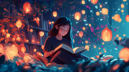 Anime-style lo-fi girl relaxing at night, surrounded by soft glowing lights and dreamy visuals, embodying tranquility and creativity in a chill setting. Music-Inspired Art. Illustration