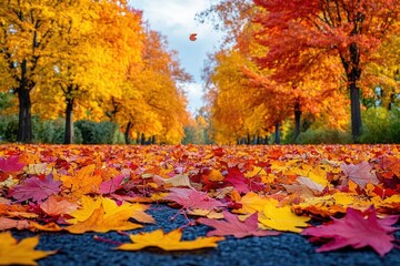 Autumn Road: Vibrant Red And Yellow Leaves Covering Asphalt Path