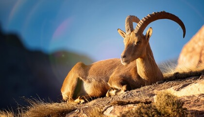 Relaxed Alpine Ibex Basking in Warm Sunlight, Majestically Set against Snowy Mountain Range and Crystal Clear Sky, Capturing the Peaceful Serenity of High Altitude Living.