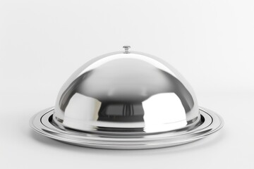 Fototapeta premium Silver Dome Food Cover: A gleaming, polished silver dome food cover sits elegantly on a matching circular base, reflecting light with a captivating sheen.