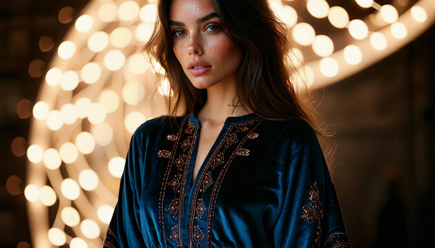 A female model in a deep blue velvet top with intricate embroidery, her face glowing with dewy makeu