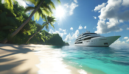 Obraz premium Cruise ship sailing in the Caribbean with palm trees and turquoise waters on a beautiful coral beach