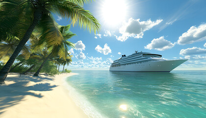Obraz premium Cruise ship sailing in the Caribbean with palm trees and turquoise waters on a beautiful coral beach