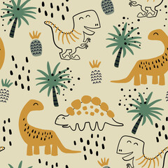 Tropical seamless pattern with dinosaurs and pineapples. Colorful background with cute dinosaurs for kids.	