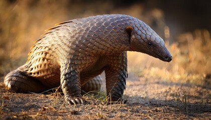 Striking Image of Indian Pangolin or Anteater Manis crassicaudata TrafficSmuggled Wildlife Species Caught in the Grip of a Camera Lens amidst a Dusty Savannah, Conveying a Message of Wildlife