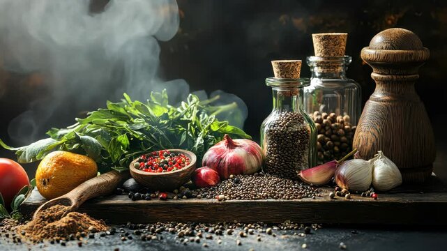 Aromatic spices and fresh herbs with rising smoke on rustic table
