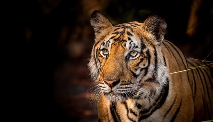 Naklejka premium Majestic Bengal Tiger Stalking Prey under the Rustic Hues of Dusk, Bandhavgarh National Park, Madhya Pradesh, India