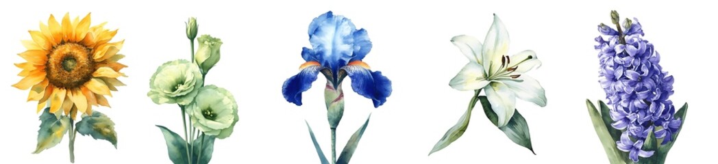 Obraz premium Watercolor variety of flowers isolated on white, 300dp