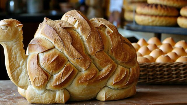 Unique bread loaf resembling an camel resting on a wooden table, Ai Generated