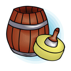 Beer realistic composition with view of wooden barrel for storing beer vector