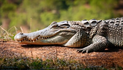 Fototapeta premium Majestic Nile Crocodile Basking Along the Shores of Ugandas Kazinga Channel, Showcasing Power and Grace in African Wilderness.