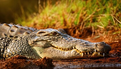 Vigilant Nile Crocodile Basking in the African Savannah, Showcasing the Power and Majesty of Ugandas Wildlife Against a Backdrop of Glistening Golden Grasslands.