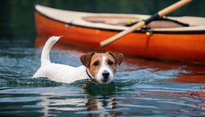 Playful Jack Russell Terrier Paddling Alongside a Canoe Amidst a Tranquil Lakeside Setting, Basking in the Reflections of Natures Warm Hues.