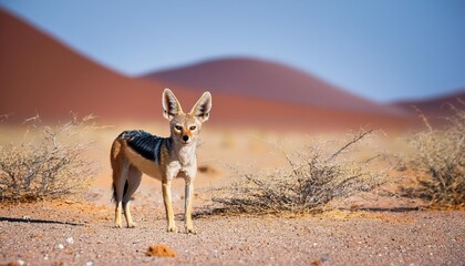 Powerful Jackal Stands Defiantly in Namibias Arid Landscape at Dusk, Capturing an Unforgettable Moment of Desert Wildlife and Dramatic Lighting.