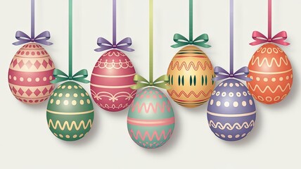 Colorful Easter eggs hanging from ribbons