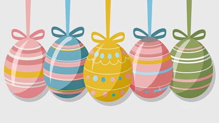 Colorful Easter eggs hanging on ribbons