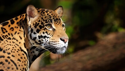 Obraz premium Striking Portrait of a Jaguar in the Amazon Basin, Majestically Captured in Rich Forest Shadows, Showcasing the Power and Grace of this Enigmatic South American Predator.