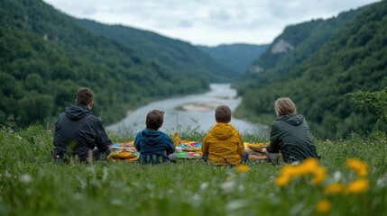 Naklejka premium Family picnic overlooking river valley