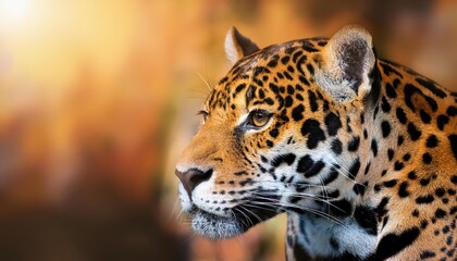 Obraz premium Vibrant Jaguar Striking Against a Bright, Blurred Background A Majestic Wildlife Moment Captured by Generative AI in
