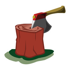 Sawmill timber mill lumberjack isometric composition with isolated image of wood stubs with axe vector
