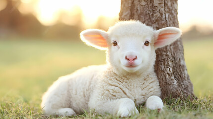 Fototapeta premium Lamb resting by tree at sunset, pasture background