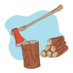 Sawmill timber mill lumberjack isometric composition with isolated image of wood stubs with axe vector