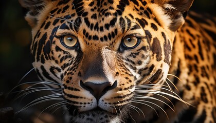 Fototapeta premium Vigilant and Majestic Closeup of a Sleek Black Jaguar Stalking Through the Jungle Undergrowth, Bathed in Soft Dappled Sunlight, Showcasing its Powerful Physique and Regal Presence in the Wild.