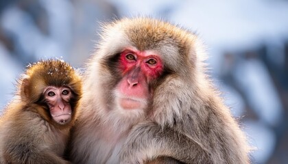 Naklejka premium Enchanting Japanese Snow Monkey Family Frolicking in Winter Wonderland at Jigokudani Monkey Park, Nagano, Japan A Peaceful Winter Scene Full of Playful Monkeys and Snowy Landscape